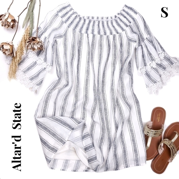 ALTAR'D STATE  White Black Stripe  Blell Sleeve Embroidered Dress Sz S - Picture 1 of 1